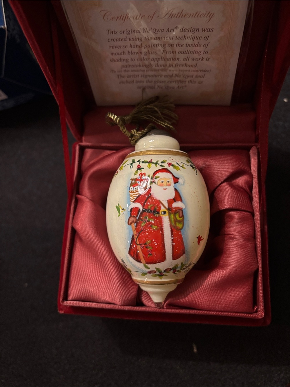 Ne’Qwa Art ReverseHand-Painted Cream Santa Ornament with Red Coat